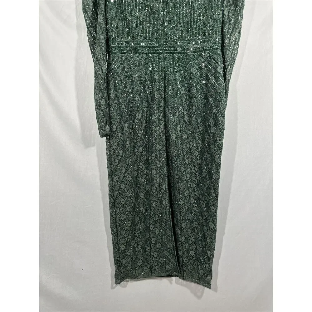 NWT $538 Mac Duggal [ 8 ] 93676 Beaded Lace‎ Long Sleeve Midi Dress Deep Green